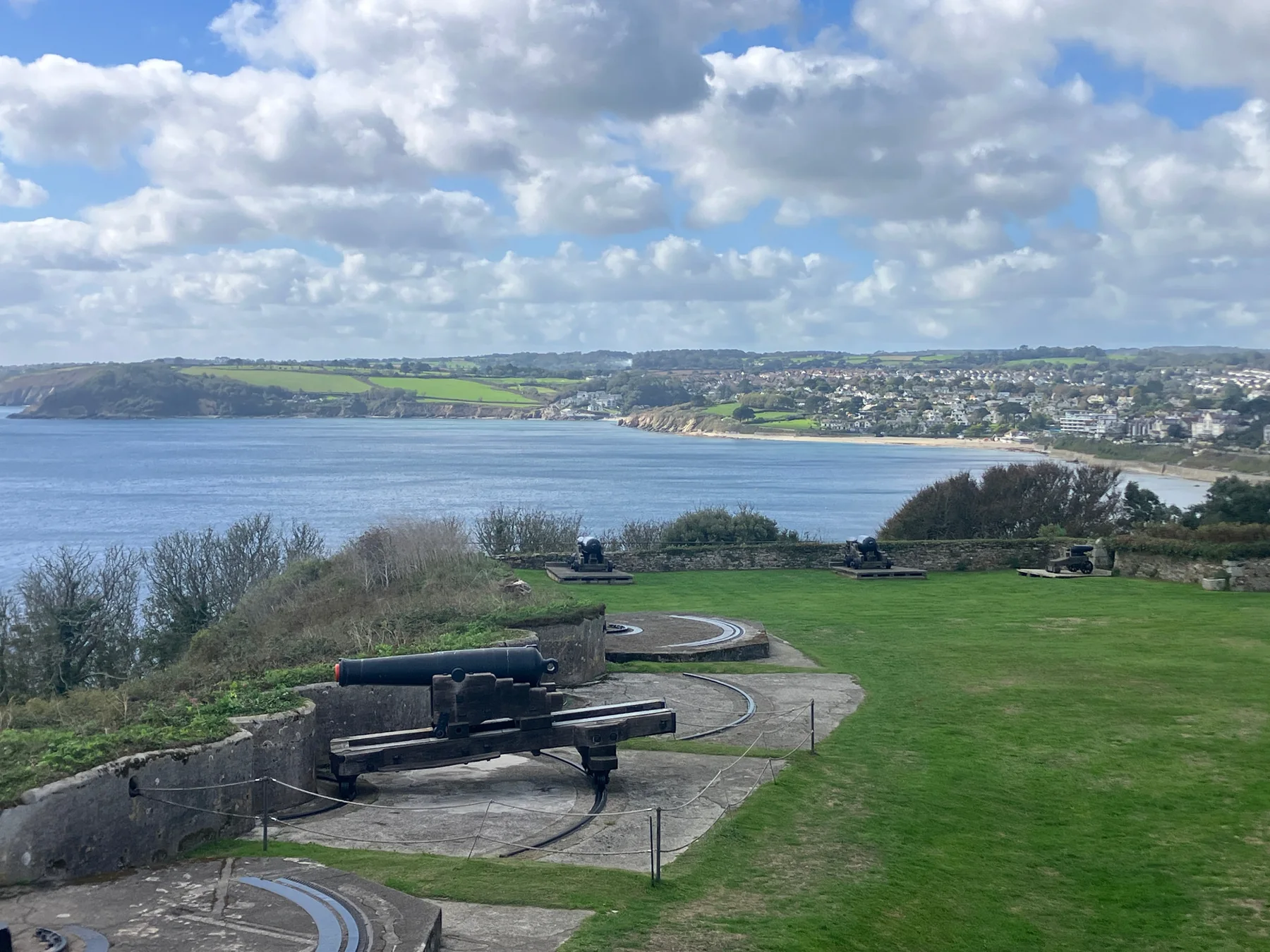 Historic coastal guns at Pendennis overlooking Falmouth Bay and Carrick Roads